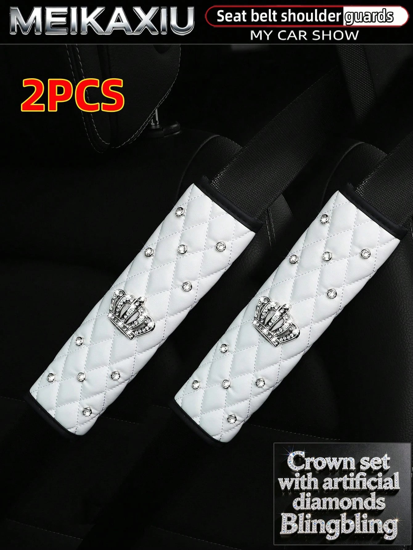 MEIKAXIU 2pcs PU Soft Leather Rhinestone Crown Bling Bling Car Seat Belt Shoulder Cover Decorative Accessories For Women
