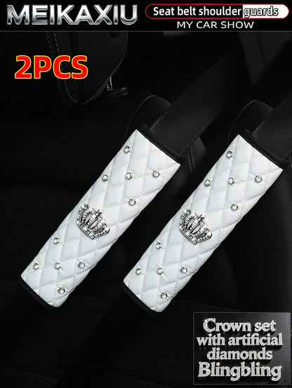 MEIKAXIU 2pcs PU Soft Leather Rhinestone Crown Bling Bling Car Seat Belt Shoulder Cover Decorative Accessories For Women