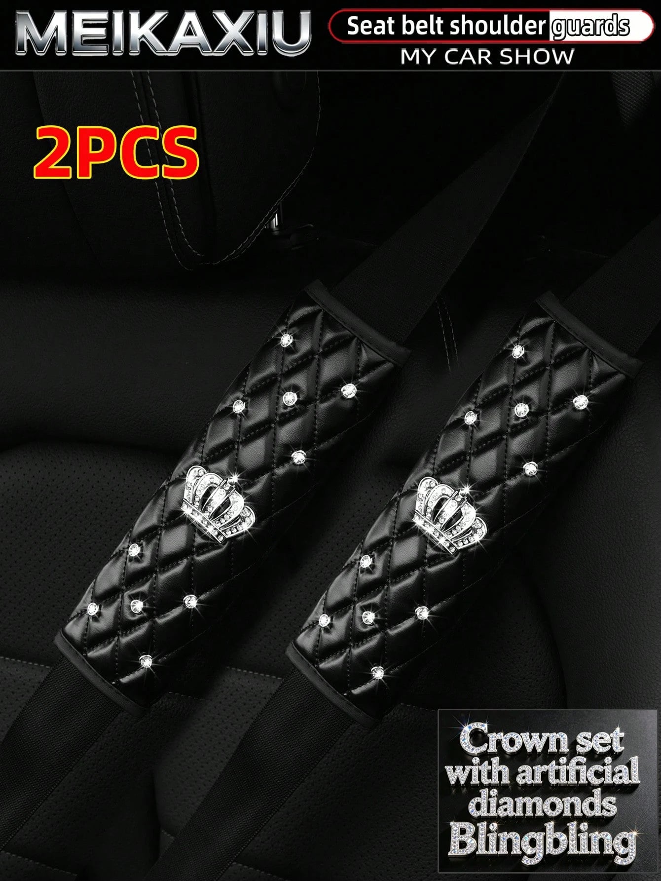 MEIKAXIU 2pcs PU Soft Leather Rhinestone Crown Bling Bling Car Seat Belt Shoulder Cover Decorative Accessories For Women