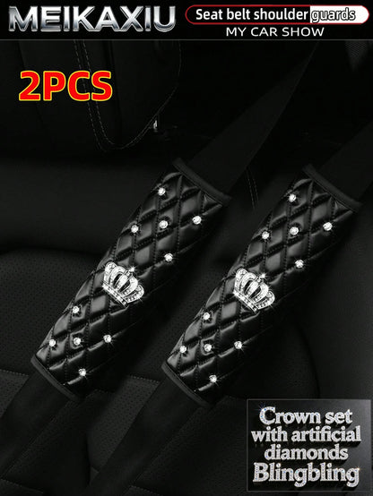 MEIKAXIU 2pcs PU Soft Leather Rhinestone Crown Bling Bling Car Seat Belt Shoulder Cover Decorative Accessories For Women