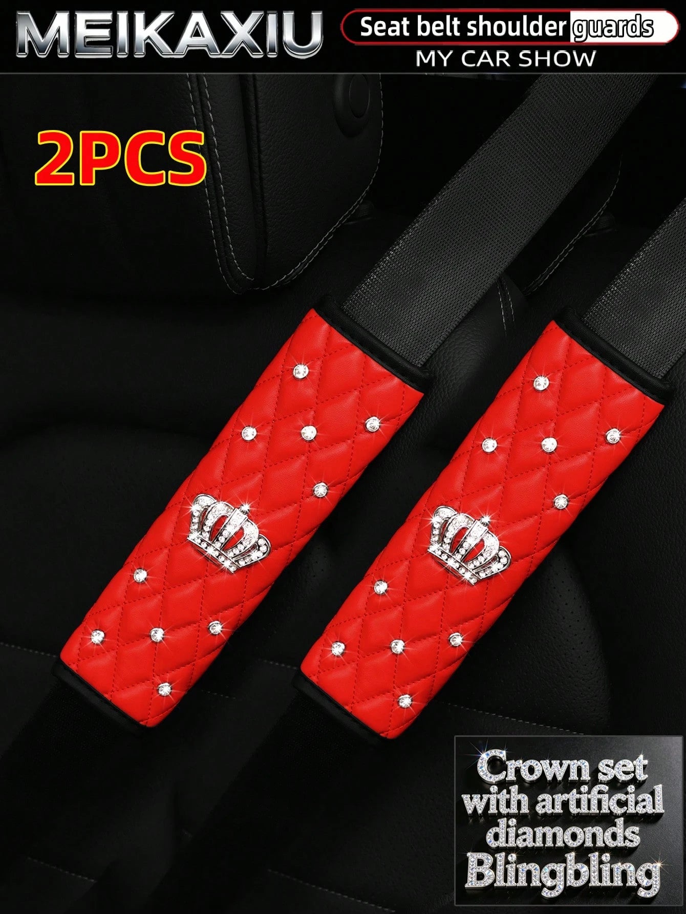 MEIKAXIU 2pcs PU Soft Leather Rhinestone Crown Bling Bling Car Seat Belt Shoulder Cover Decorative Accessories For Women