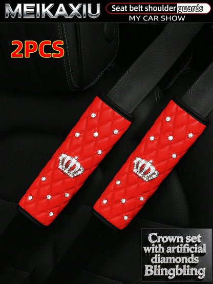 MEIKAXIU 2pcs PU Soft Leather Rhinestone Crown Bling Bling Car Seat Belt Shoulder Cover Decorative Accessories For Women