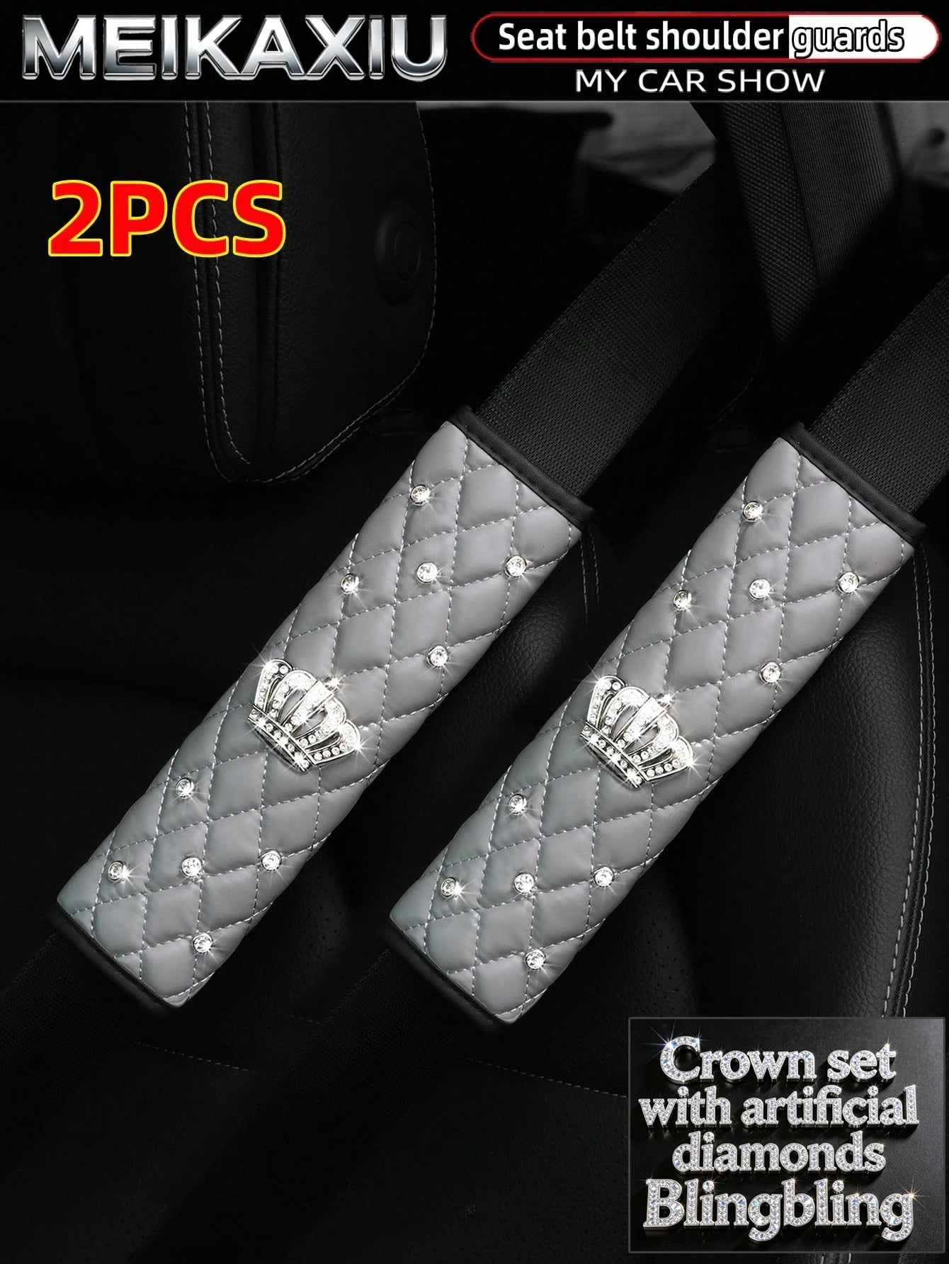 MEIKAXIU 2pcs PU Soft Leather Rhinestone Crown Bling Bling Car Seat Belt Shoulder Cover Decorative Accessories For Women