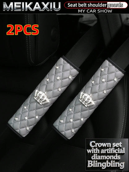 MEIKAXIU 2pcs PU Soft Leather Rhinestone Crown Bling Bling Car Seat Belt Shoulder Cover Decorative Accessories For Women