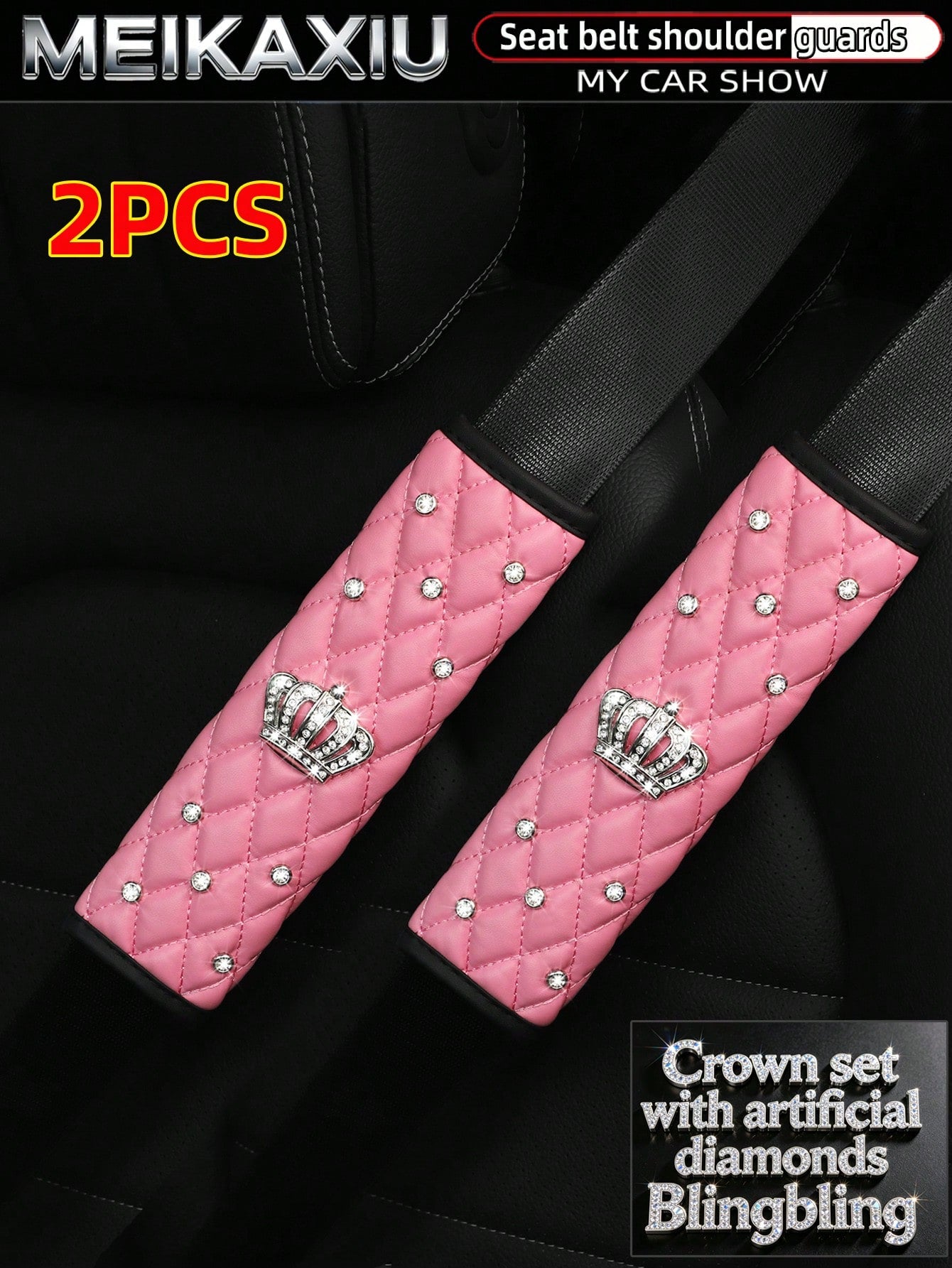 MEIKAXIU 2pcs PU Soft Leather Rhinestone Crown Bling Bling Car Seat Belt Shoulder Cover Decorative Accessories For Women
