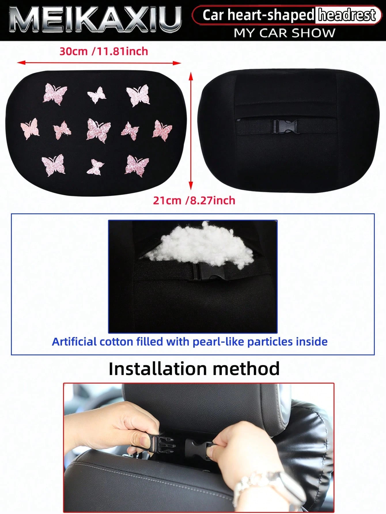 MEIKAXIU New Gold Foil Butterfly Neoprene Fabric Bling Bling Car Headrest Neck Pillow Neck Support Relaxing Cushion Car Decoration Accessories For Women