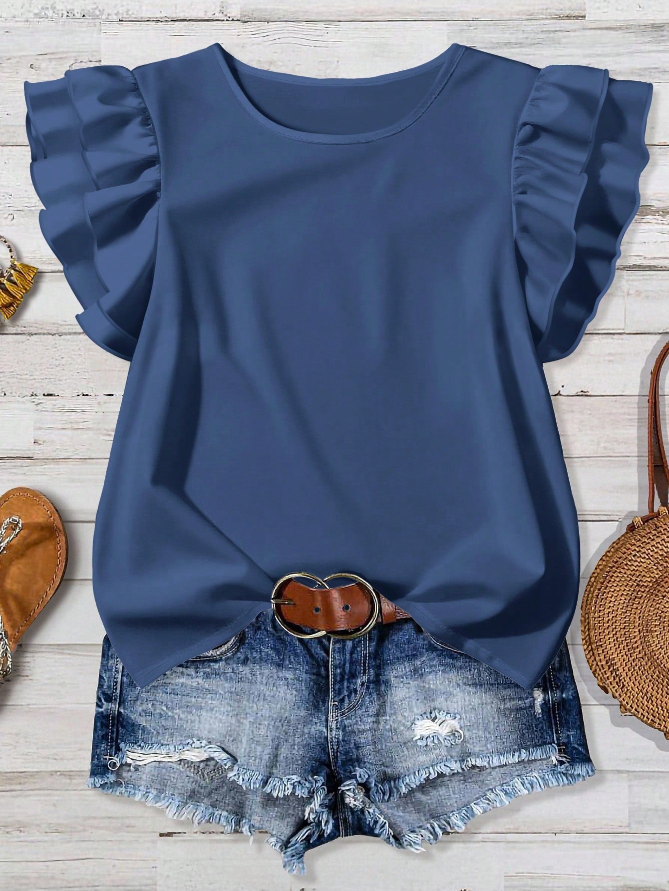 Mellowie Women's Solid Color Round Neck Casual Versatile Daily Ruffle Sleeve Blouse
