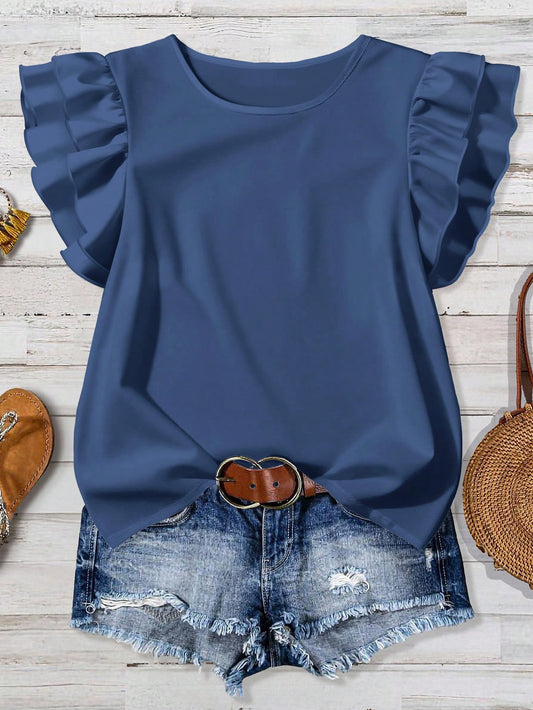 Mellowie Women's Solid Color Round Neck Casual Versatile Daily Ruffle Sleeve Blouse