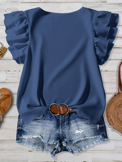 Mellowie Women's Solid Color Round Neck Casual Versatile Daily Ruffle Sleeve Blouse