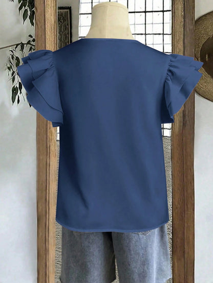 Mellowie Women's Solid Color Round Neck Casual Versatile Daily Ruffle Sleeve Blouse
