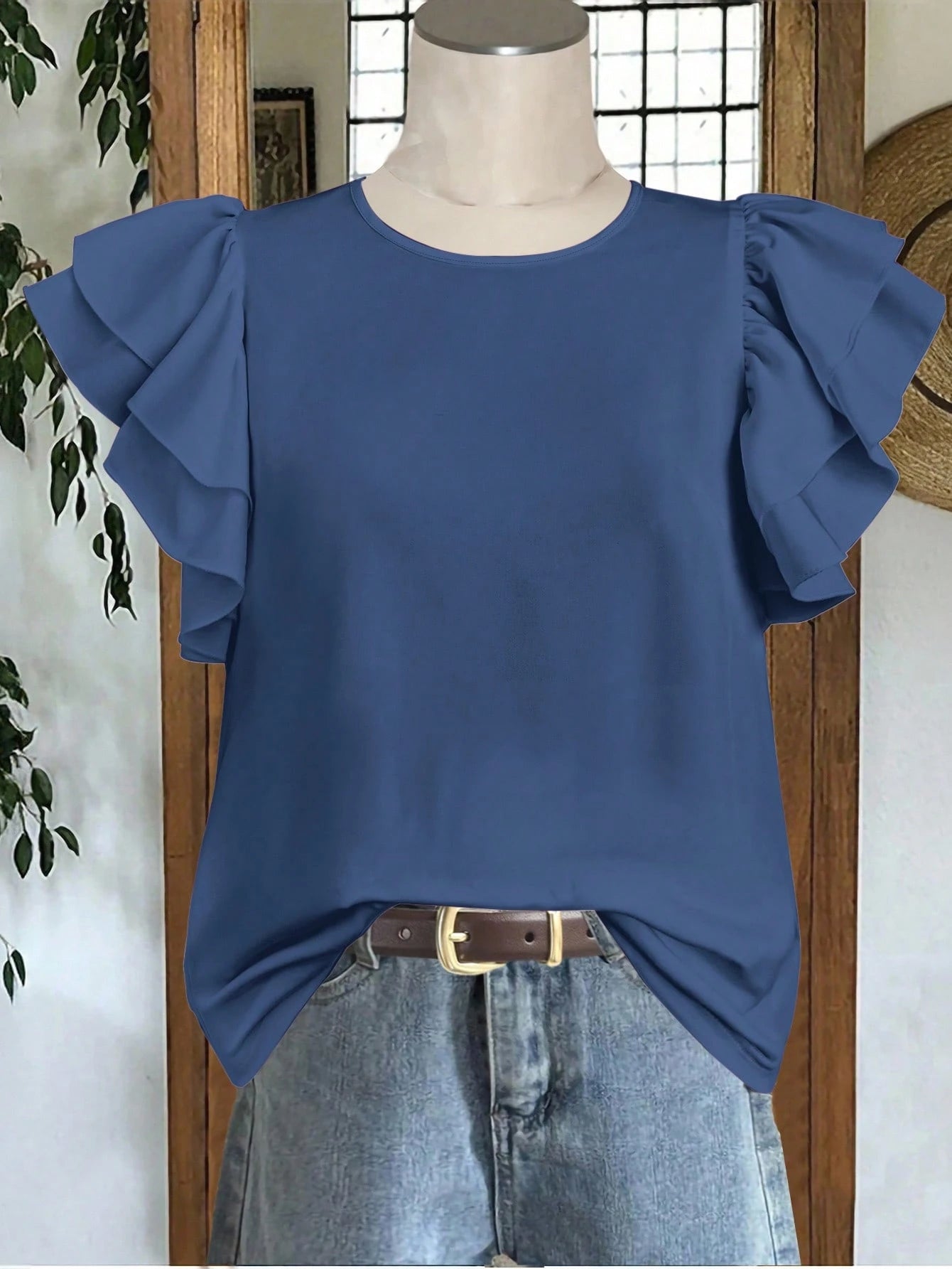 Mellowie Women's Solid Color Round Neck Casual Versatile Daily Ruffle Sleeve Blouse