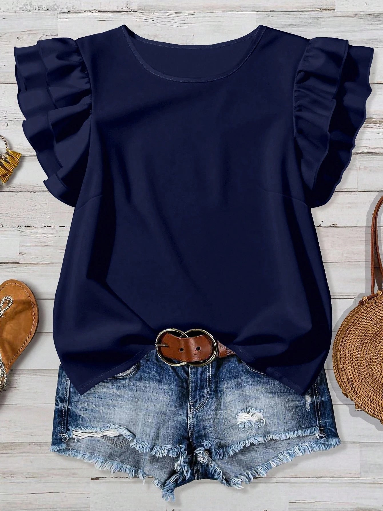 Mellowie Women's Solid Color Round Neck Casual Versatile Daily Ruffle Sleeve Blouse