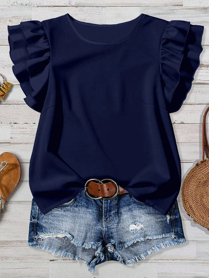 Mellowie Women's Solid Color Round Neck Casual Versatile Daily Ruffle Sleeve Blouse