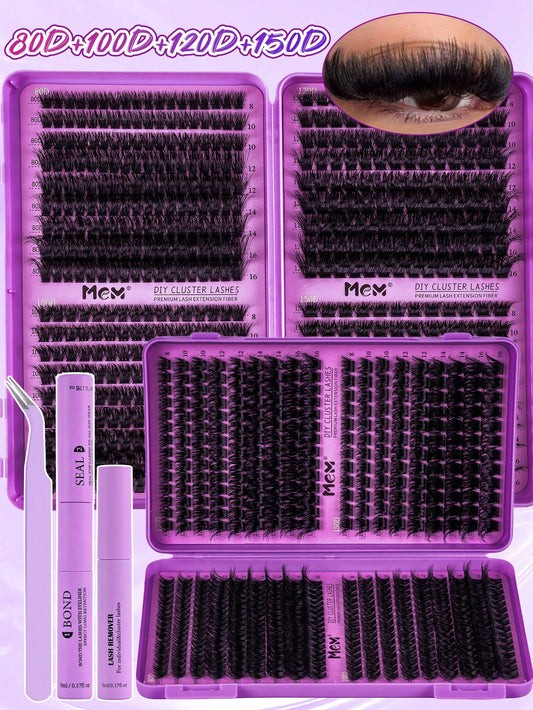 MEM 540pcs D-Curl Reusable Cluster False Eyelashes, Lightweight Segmented 3D Dense Lashes, Complete Starter Kit With Full Tools And Tutorial, Suitable For Daily Work, Party And Wedding DIY Makeup
