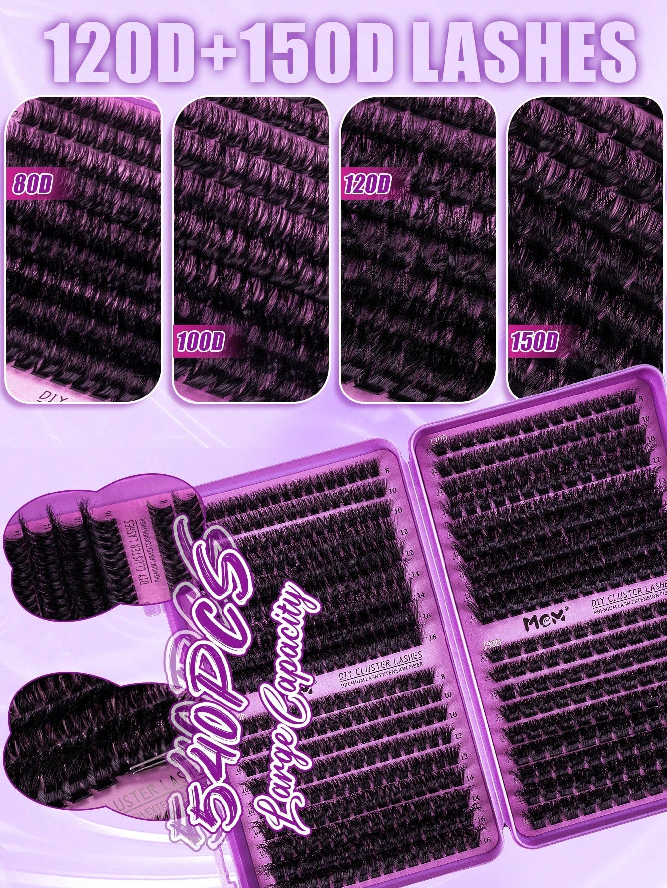 MEM 540pcs D-Curl Reusable Cluster False Eyelashes, Lightweight Segmented 3D Dense Lashes, Complete Starter Kit With Full Tools And Tutorial, Suitable For Daily Work, Party And Wedding DIY Makeup
