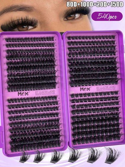 MEM 540pcs D-Curl Reusable Cluster False Eyelashes, Lightweight Segmented 3D Dense Lashes, Complete Starter Kit With Full Tools And Tutorial, Suitable For Daily Work, Party And Wedding DIY Makeup