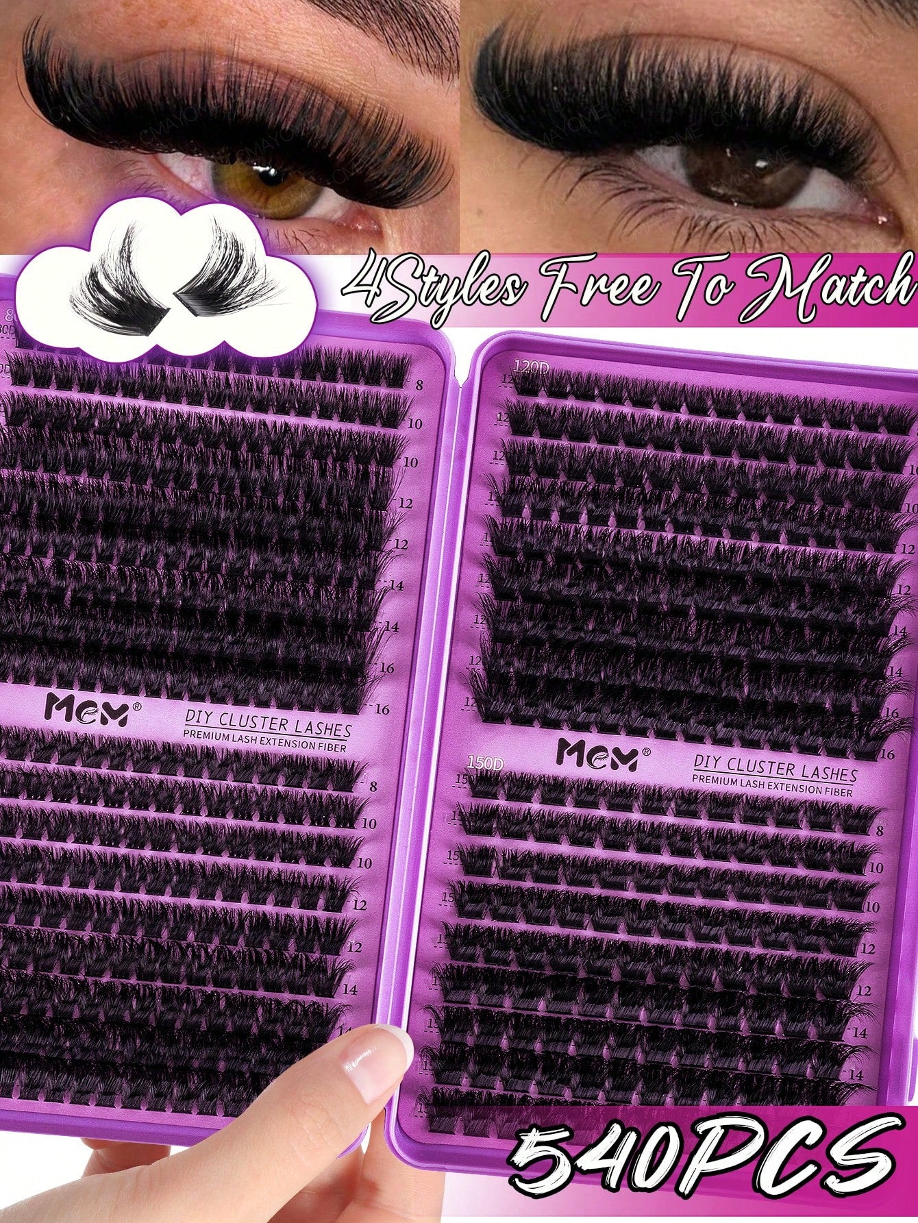 MEM 540pcs D-Curl Reusable Cluster False Eyelashes, Lightweight Segmented 3D Dense Lashes, Complete Starter Kit With Full Tools And Tutorial, Suitable For Daily Work, Party And Wedding DIY Makeup