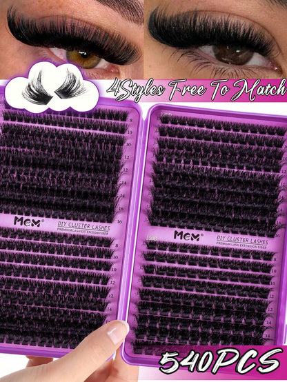 MEM 540pcs D-Curl Reusable Cluster False Eyelashes, Lightweight Segmented 3D Dense Lashes, Complete Starter Kit With Full Tools And Tutorial, Suitable For Daily Work, Party And Wedding DIY Makeup