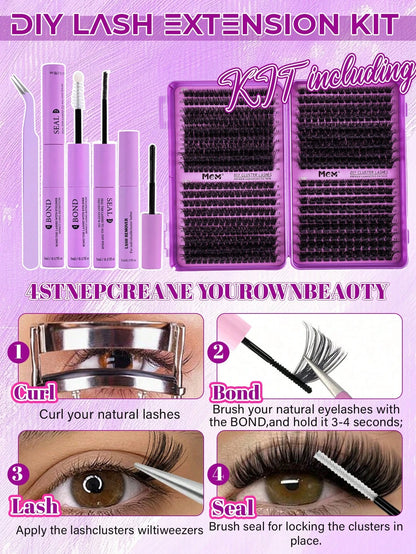 MEM 540pcs D-Curl Reusable Cluster False Eyelashes, Lightweight Segmented 3D Dense Lashes, Complete Starter Kit With Full Tools And Tutorial, Suitable For Daily Work, Party And Wedding DIY Makeup