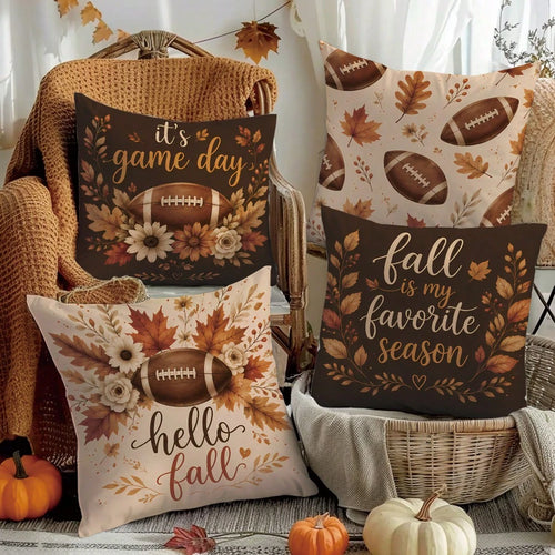 MEMNUN 4pcs Autumn Football Game Day Print Pillow Covers [No Insert], 40*40cm/45*45cm/50*50cm, [Single-Sided Print] Made Of Polyester Material Hello Fall Maple Leaf Floral Daisy American Football Fan