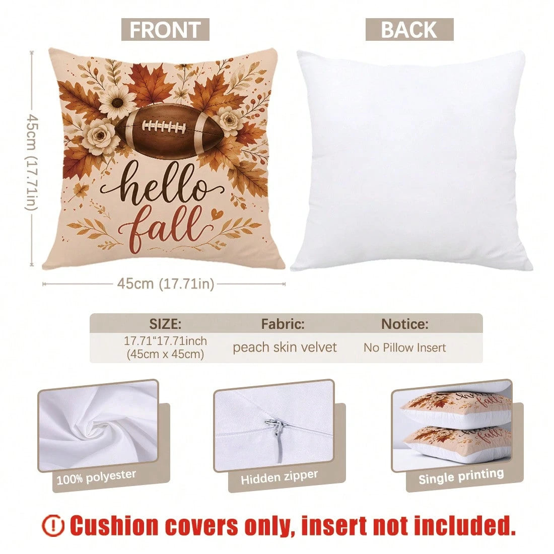 MEMNUN 4pcs Autumn Football Game Day Print Pillow Covers [No Insert], 40*40cm/45*45cm/50*50cm, [Single-Sided Print] Made Of Polyester Material Hello Fall Maple Leaf Floral Daisy American Football Fan