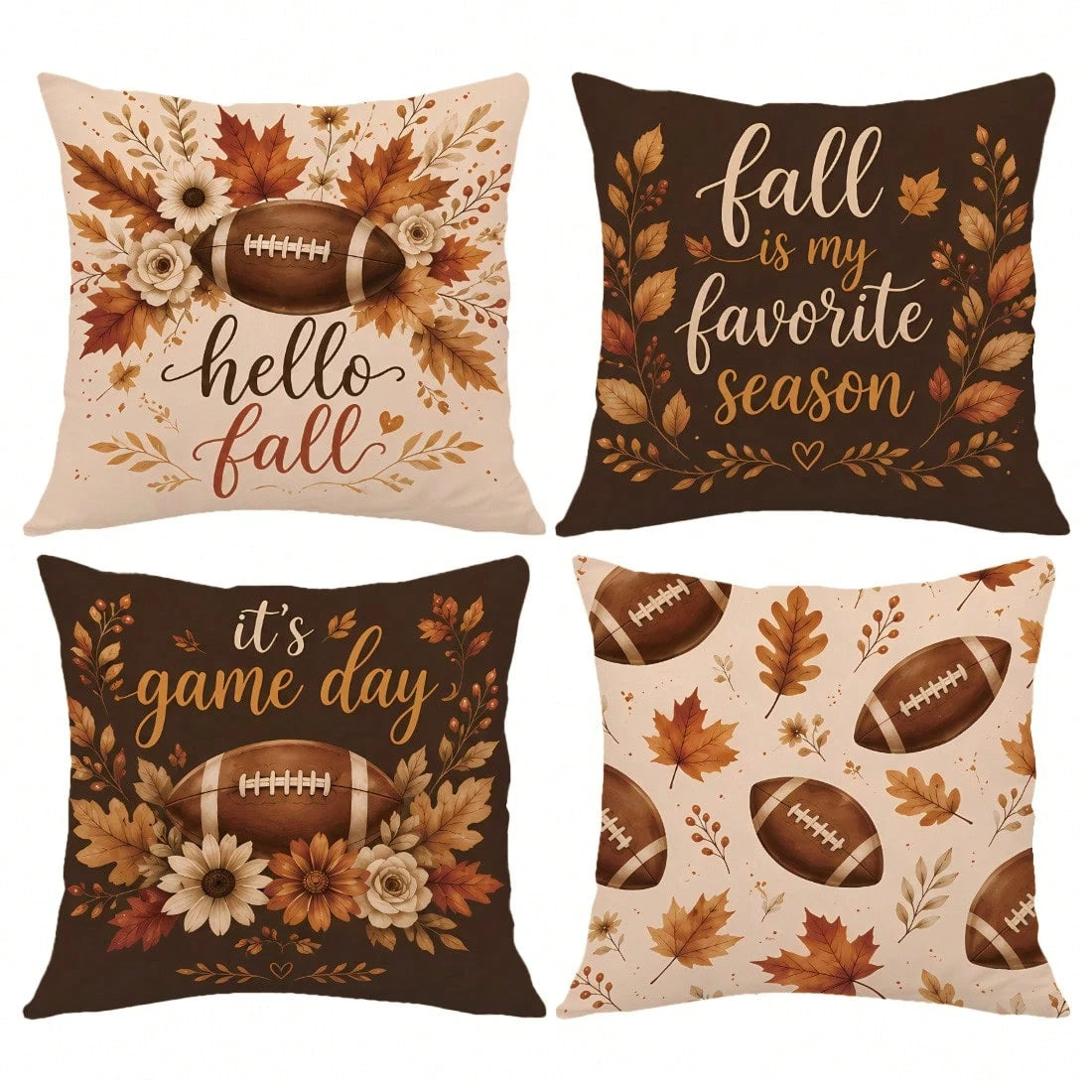 MEMNUN 4pcs Autumn Football Game Day Print Pillow Covers [No Insert], 40*40cm/45*45cm/50*50cm, [Single-Sided Print] Made Of Polyester Material Hello Fall Maple Leaf Floral Daisy American Football Fan