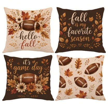 MEMNUN 4pcs Autumn Football Game Day Print Pillow Covers [No Insert], 40*40cm/45*45cm/50*50cm, [Single-Sided Print] Made Of Polyester Material Hello Fall Maple Leaf Floral Daisy American Football Fan