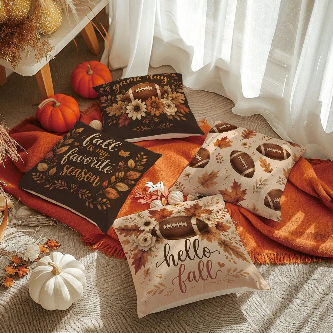 MEMNUN 4pcs Autumn Football Game Day Print Pillow Covers [No Insert], 40*40cm/45*45cm/50*50cm, [Single-Sided Print] Made Of Polyester Material Hello Fall Maple Leaf Floral Daisy American Football Fan