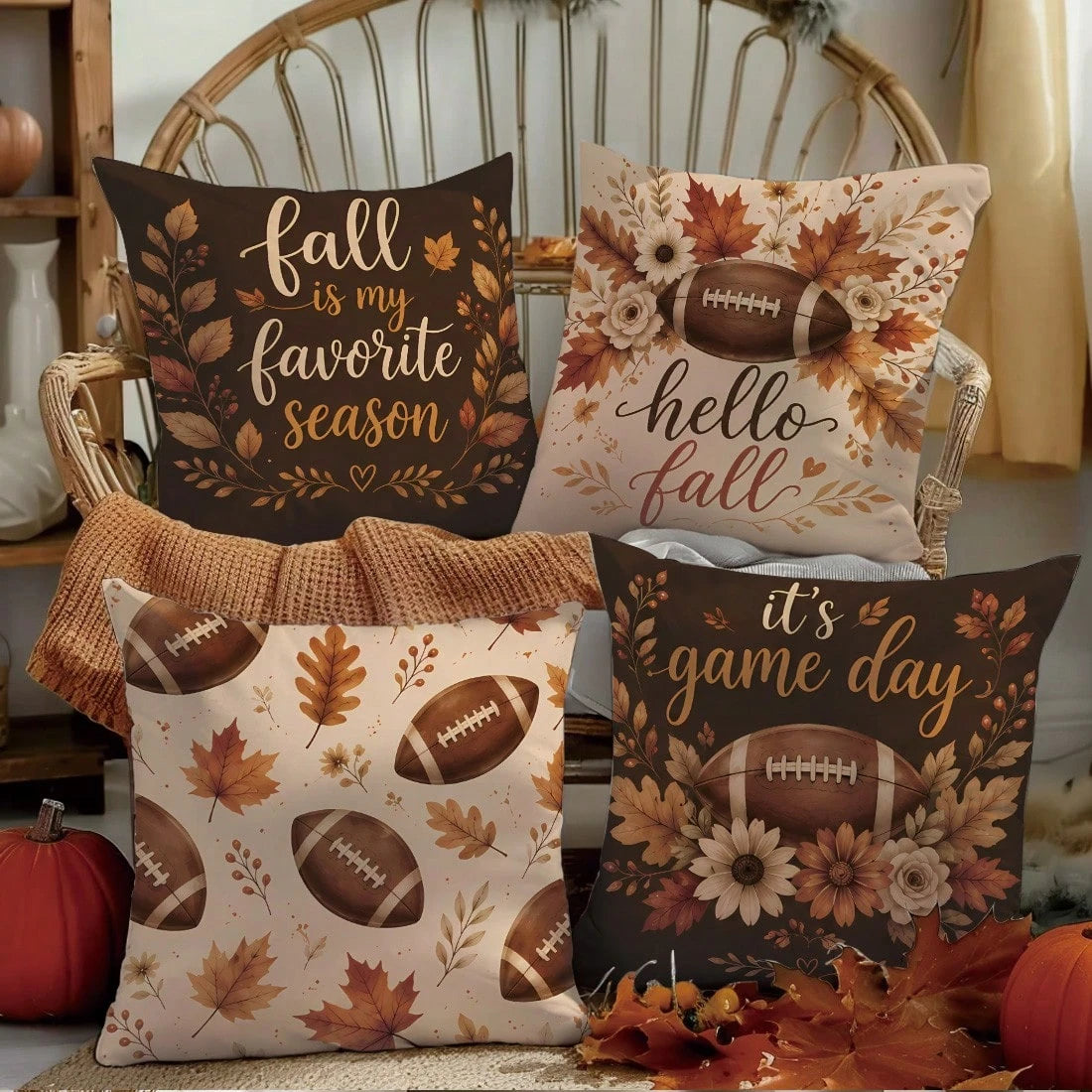 MEMNUN 4pcs Autumn Football Game Day Print Pillow Covers [No Insert], 40*40cm/45*45cm/50*50cm, [Single-Sided Print] Made Of Polyester Material Hello Fall Maple Leaf Floral Daisy American Football Fan