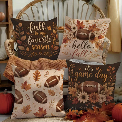 MEMNUN 4pcs Autumn Football Game Day Print Pillow Covers [No Insert], 40*40cm/45*45cm/50*50cm, [Single-Sided Print] Made Of Polyester Material Hello Fall Maple Leaf Floral Daisy American Football Fan