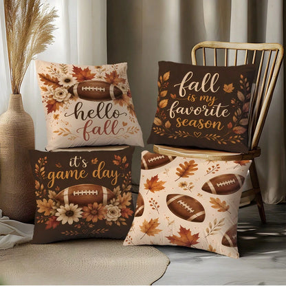 MEMNUN 4pcs Autumn Football Game Day Print Pillow Covers [No Insert], 40*40cm/45*45cm/50*50cm, [Single-Sided Print] Made Of Polyester Material Hello Fall Maple Leaf Floral Daisy American Football Fan