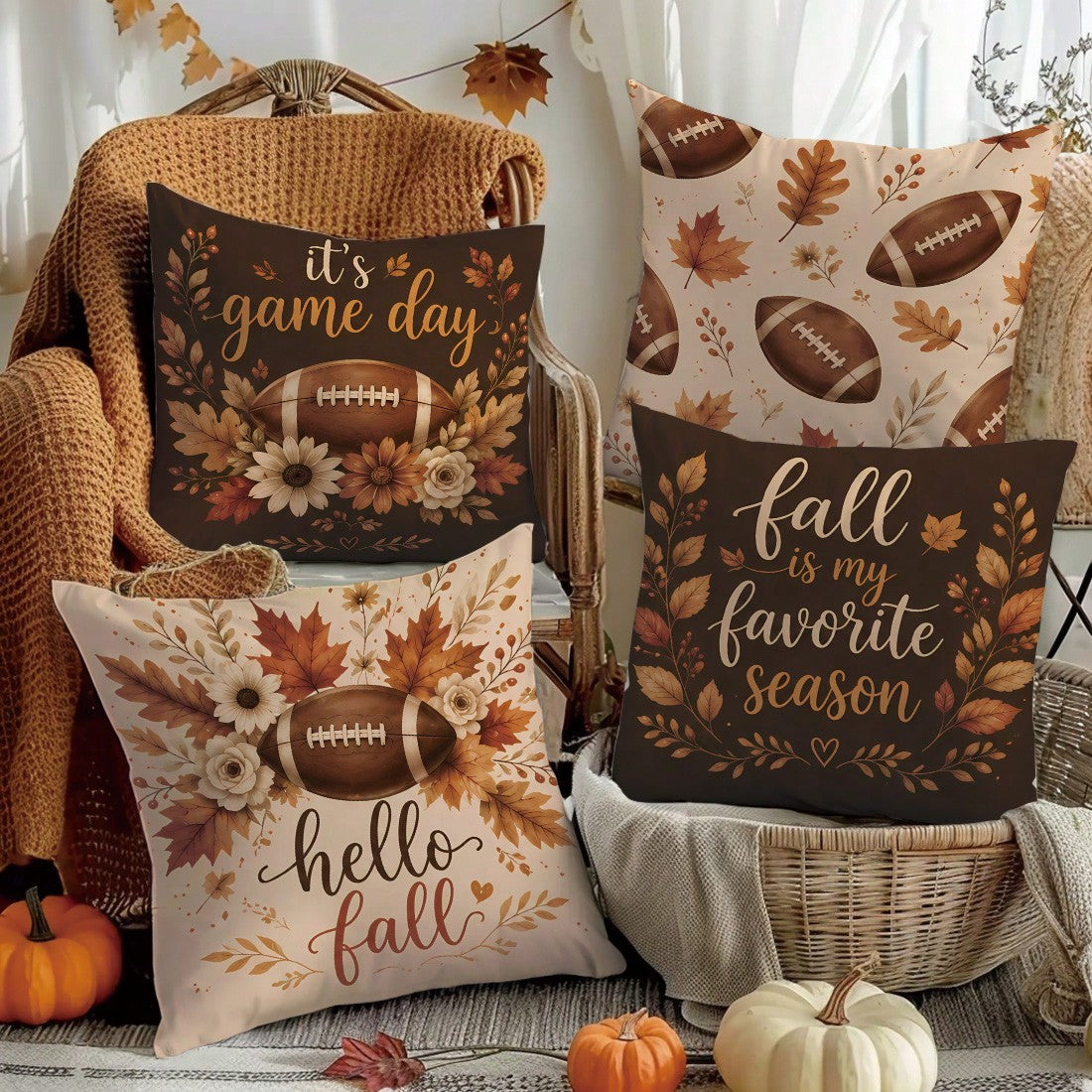 MEMNUN 4pcs Autumn Football Game Day Print Pillow Covers [No Insert], 40*40cm/45*45cm/50*50cm, [Single-Sided Print] Made Of Polyester Material Hello Fall Maple Leaf Floral Daisy American Football Fan