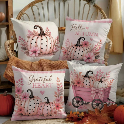 MEMNUN 4pcs Pink Tone Autumn Polka Dot Pumpkin Pink Cart Plaid Hello Autumn Text Print Pattern Pillow Covers [Pillow Insert Not Included], 40*40cm/45*45cm/50*50cm, [Single-Sided Printing] Made Of Poly
