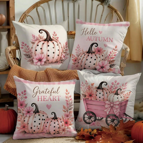 MEMNUN 4pcs Pink Tone Autumn Polka Dot Pumpkin Pink Cart Plaid Hello Autumn Text Print Pattern Pillow Covers [Pillow Insert Not Included], 40*40cm/45*45cm/50*50cm, [Single-Sided Printing] Made Of Poly