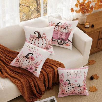 MEMNUN 4pcs Pink Tone Autumn Polka Dot Pumpkin Pink Cart Plaid Hello Autumn Text Print Pattern Pillow Covers [Pillow Insert Not Included], 40*40cm/45*45cm/50*50cm, [Single-Sided Printing] Made Of Poly