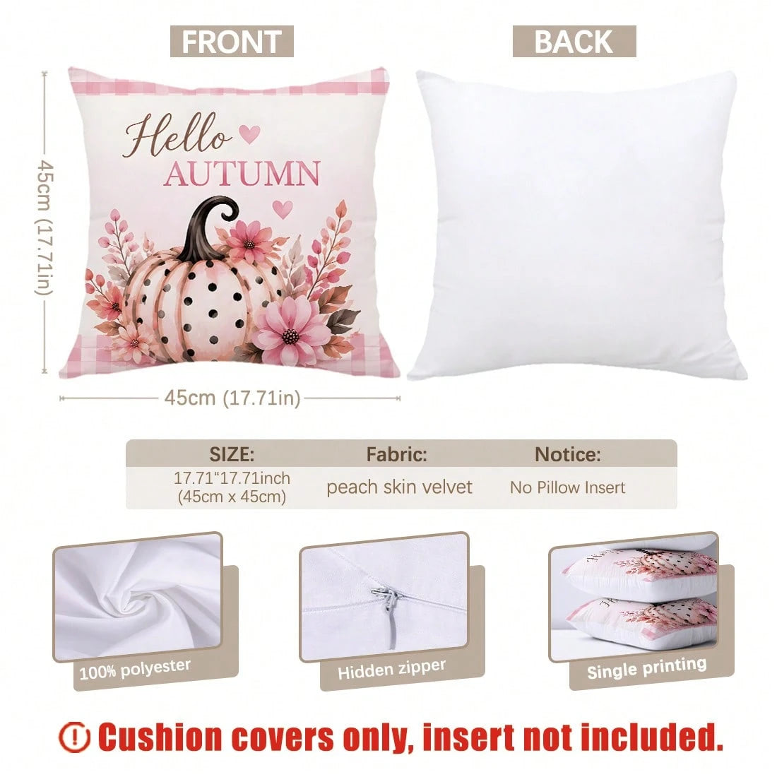 MEMNUN 4pcs Pink Tone Autumn Polka Dot Pumpkin Pink Cart Plaid Hello Autumn Text Print Pattern Pillow Covers [Pillow Insert Not Included], 40*40cm/45*45cm/50*50cm, [Single-Sided Printing] Made Of Poly