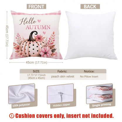 MEMNUN 4pcs Pink Tone Autumn Polka Dot Pumpkin Pink Cart Plaid Hello Autumn Text Print Pattern Pillow Covers [Pillow Insert Not Included], 40*40cm/45*45cm/50*50cm, [Single-Sided Printing] Made Of Poly