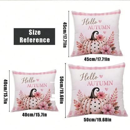 MEMNUN 4pcs Pink Tone Autumn Polka Dot Pumpkin Pink Cart Plaid Hello Autumn Text Print Pattern Pillow Covers [Pillow Insert Not Included], 40*40cm/45*45cm/50*50cm, [Single-Sided Printing] Made Of Poly