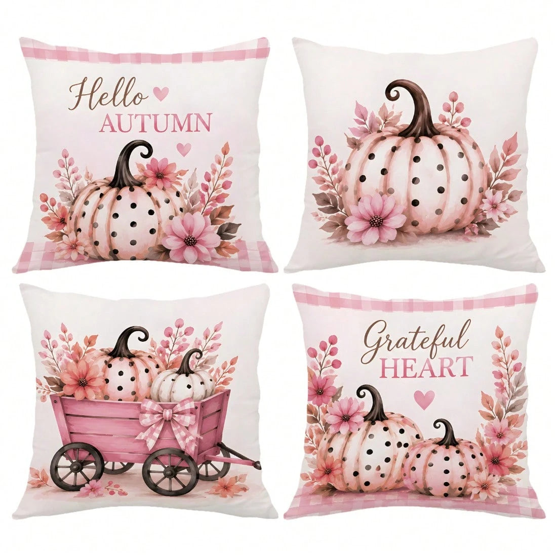 MEMNUN 4pcs Pink Tone Autumn Polka Dot Pumpkin Pink Cart Plaid Hello Autumn Text Print Pattern Pillow Covers [Pillow Insert Not Included], 40*40cm/45*45cm/50*50cm, [Single-Sided Printing] Made Of Poly