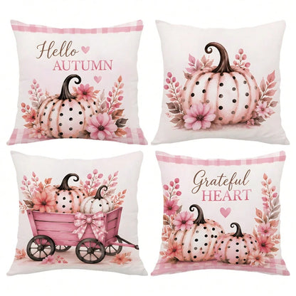 MEMNUN 4pcs Pink Tone Autumn Polka Dot Pumpkin Pink Cart Plaid Hello Autumn Text Print Pattern Pillow Covers [Pillow Insert Not Included], 40*40cm/45*45cm/50*50cm, [Single-Sided Printing] Made Of Poly