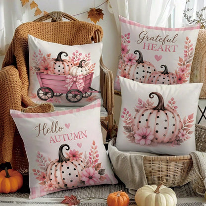 MEMNUN 4pcs Pink Tone Autumn Polka Dot Pumpkin Pink Cart Plaid Hello Autumn Text Print Pattern Pillow Covers [Pillow Insert Not Included], 40*40cm/45*45cm/50*50cm, [Single-Sided Printing] Made Of Poly