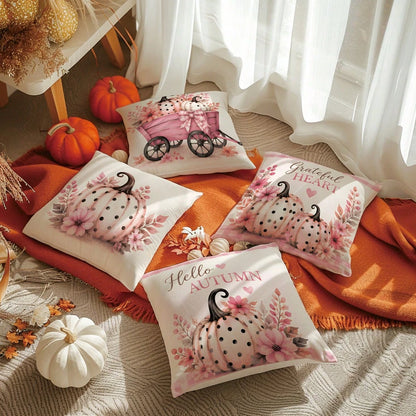 MEMNUN 4pcs Pink Tone Autumn Polka Dot Pumpkin Pink Cart Plaid Hello Autumn Text Print Pattern Pillow Covers [Pillow Insert Not Included], 40*40cm/45*45cm/50*50cm, [Single-Sided Printing] Made Of Poly
