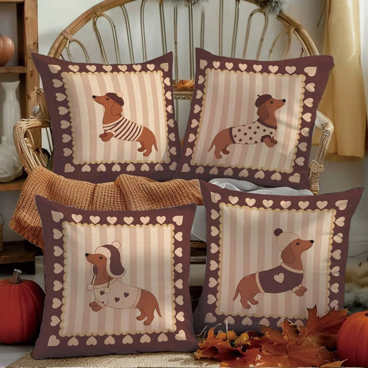 MEMNUN 4pcs Vintage Brown Striped Dachshund Print Pillow Covers [Without Pillow Insert] 40*40cm/45*45cm/50*50cm [Single-Sided Printing] Made Of Polyester Material Heart-Shaped Lace Beret Puppy Pet Lov