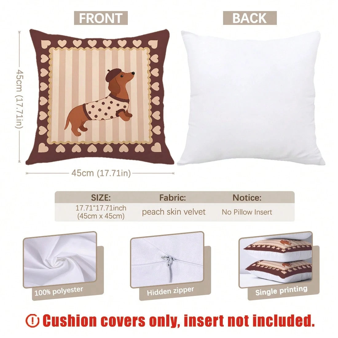 MEMNUN 4pcs Vintage Brown Striped Dachshund Print Pillow Covers [Without Pillow Insert] 40*40cm/45*45cm/50*50cm [Single-Sided Printing] Made Of Polyester Material Heart-Shaped Lace Beret Puppy Pet Lov