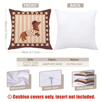 MEMNUN 4pcs Vintage Brown Striped Dachshund Print Pillow Covers [Without Pillow Insert] 40*40cm/45*45cm/50*50cm [Single-Sided Printing] Made Of Polyester Material Heart-Shaped Lace Beret Puppy Pet Lov