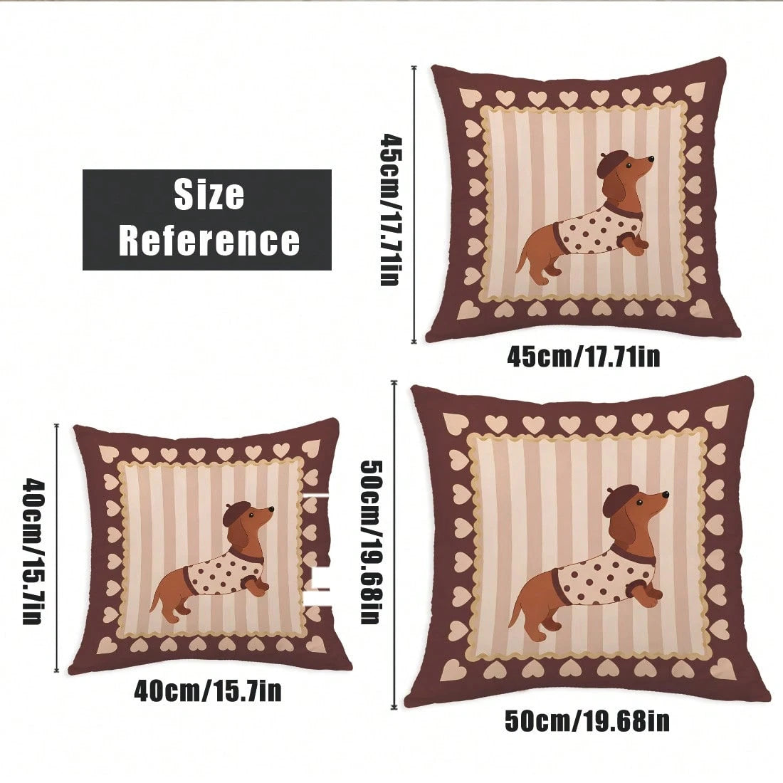MEMNUN 4pcs Vintage Brown Striped Dachshund Print Pillow Covers [Without Pillow Insert] 40*40cm/45*45cm/50*50cm [Single-Sided Printing] Made Of Polyester Material Heart-Shaped Lace Beret Puppy Pet Lov
