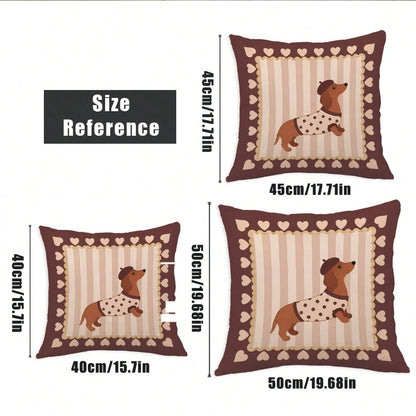MEMNUN 4pcs Vintage Brown Striped Dachshund Print Pillow Covers [Without Pillow Insert] 40*40cm/45*45cm/50*50cm [Single-Sided Printing] Made Of Polyester Material Heart-Shaped Lace Beret Puppy Pet Lov