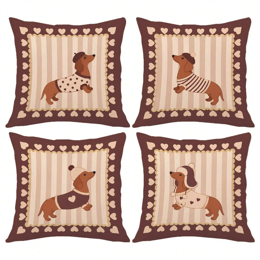 MEMNUN 4pcs Vintage Brown Striped Dachshund Print Pillow Covers [Without Pillow Insert] 40*40cm/45*45cm/50*50cm [Single-Sided Printing] Made Of Polyester Material Heart-Shaped Lace Beret Puppy Pet Lov