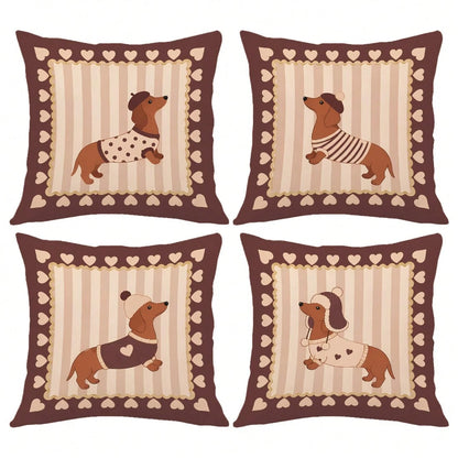 MEMNUN 4pcs Vintage Brown Striped Dachshund Print Pillow Covers [Without Pillow Insert] 40*40cm/45*45cm/50*50cm [Single-Sided Printing] Made Of Polyester Material Heart-Shaped Lace Beret Puppy Pet Lov