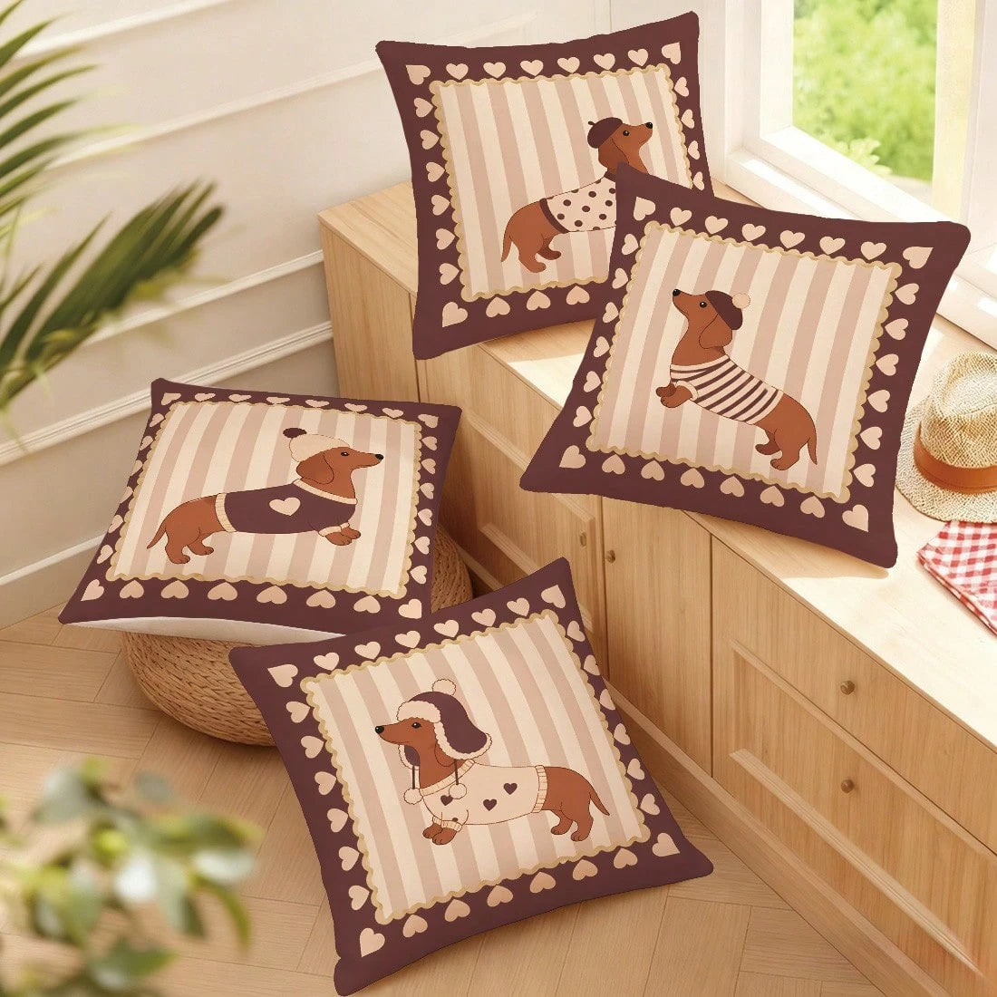 MEMNUN 4pcs Vintage Brown Striped Dachshund Print Pillow Covers [Without Pillow Insert] 40*40cm/45*45cm/50*50cm [Single-Sided Printing] Made Of Polyester Material Heart-Shaped Lace Beret Puppy Pet Lov